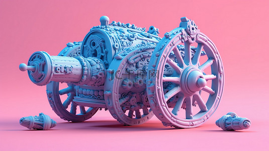 使用 3D 技术创建的蓝色复古海盗大炮，粉色背景上有炮弹