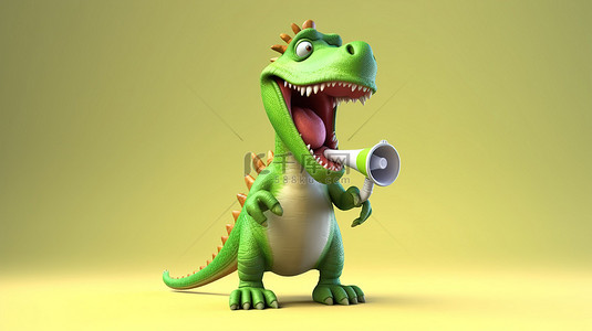 张嘴说话背景图片_有趣的 3D 恐龙拿着垃圾桶，通过扩音器说话