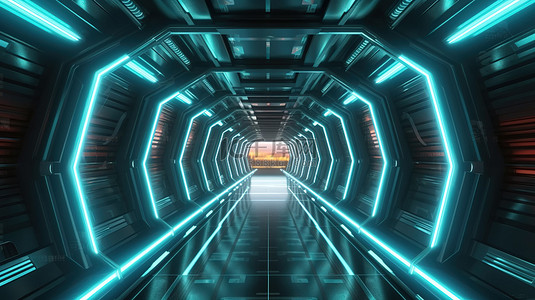 1 3D 渲染中霓虹灯照亮的太空飞船隧道的未来走廊