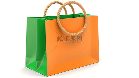 礼品纸袋背景图片_白色背景上孤立的绿色处理绳附在 3d 橙色纸袋模板上