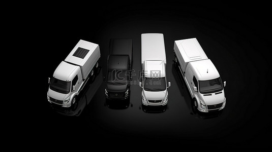 在迷人的 3D 渲染中，黑色背景上白色卡车的自上而下视图