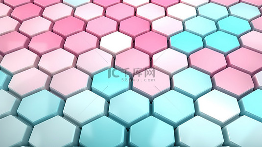柔和的彩色六边形瓷砖图案在柔和的光线下以 3D 渲染