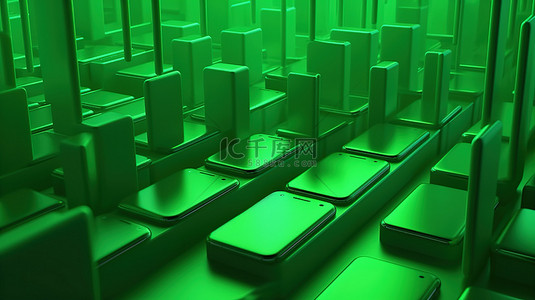 模板绿背景图片_抽象背景下一排绿屏手机的 3D 渲染