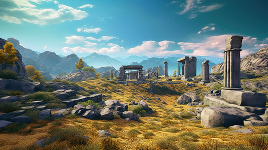 一座雄伟的山寺，令人惊叹的古代文明全景 3D 插图