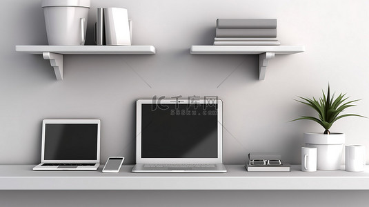 灰色墙架上展示笔记本电脑手机和平板电脑的技术 3D 插图