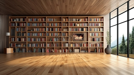 书柜真实背景图片_现代宽敞图书馆的真实 3D 渲染，配有木制书架和镶木地板
