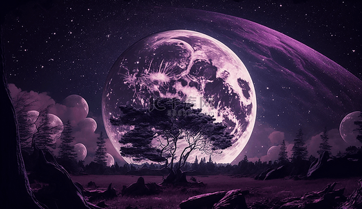 梦紫色背景图片_月亮大地梦幻紫色浪漫被金发