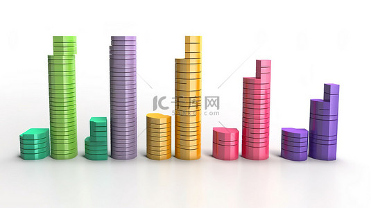 柱形数据图表背景图片_白色背景 3D 渲染上带有颜色列和货币符号信息纸元素的平面图表