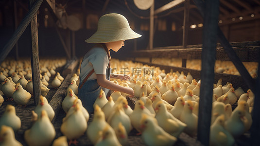 打架动图背景图片_家禽农场的童工 3D 插图，一个戴着草帽的孩子在工作