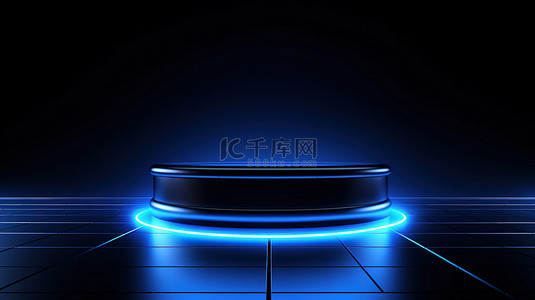 智慧点亮生活背景图片_3D 渲染抽象蓝色点亮讲台在黑色背景上用于产品展示