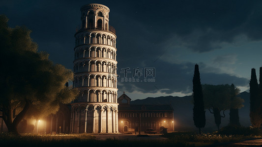 意大利景点背景图片_比萨斜塔夜晚建筑旅游背景