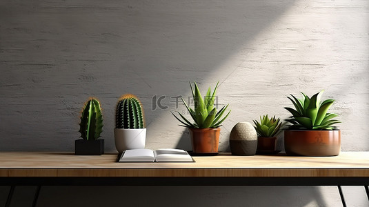 仙人掌背景图片_简约的工作空间 3D 渲染仙人掌植物和整洁的桌子上的混凝土墙