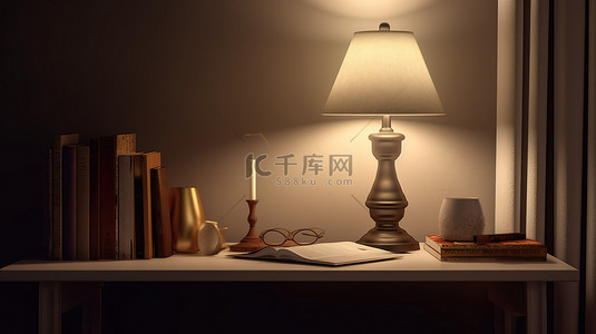 舒适的家庭办公室阅读角落的 3D 插图，桌上有书灯和装饰品