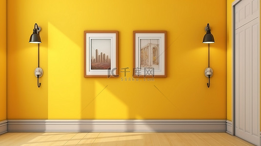 黄色矩形背景图片_复古墙艺术 3D 渲染真实的黄色框图片在老年背景上