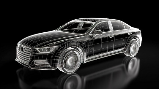 无品牌汽车 3D 插图黑色和线框