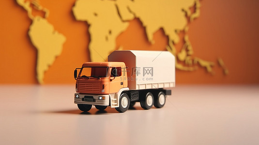 世界各地地标背景图片_高效的全球交付 卡车在世界各地运输货物的 3D 插图