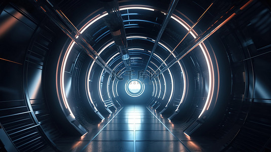具有动态照明效果的科幻世界 3D 渲染中的抽象高科技隧道