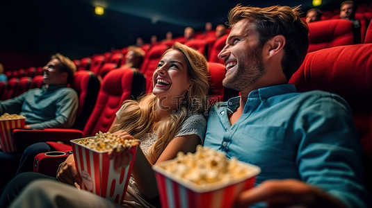 一对高兴的夫妇在电影院欣赏 3D 电影并吃爆米花