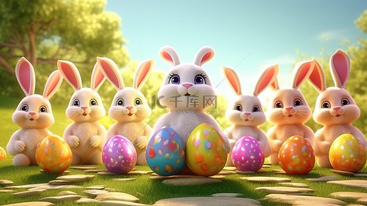 复活节礼物背景图片_胖乎乎的 3D 渲染兔子卡通与鸡蛋复活节彩蛋狩猎横幅