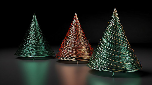 圣诞创意圣诞树背景图片_节日金属丝圣诞树采用时尚的红色米色和绿色形状，令人惊叹的 3D 渲染