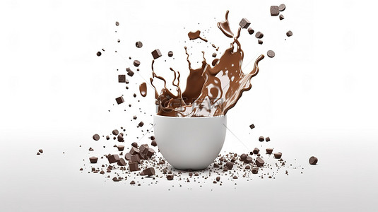 白色巧克力蛋糕背景图片_巧克力片层叠到孤立的白色背景上的白色纸杯中的 3D 插图