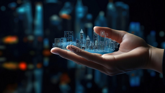 科技互联网城市背景图片_由机器人手持有的智能城市用户界面数据统计和图标的 3D 渲染