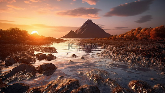 海水反射背景图片_日落时壮丽的火山海岸线带有反射和波浪的 3D 插图