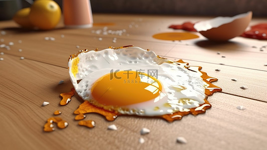 桌面上破裂的煎蛋 3d 渲染