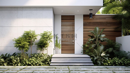 前院背景图片_前门的 3D 渲染，配有白门灰板墙和郁郁葱葱的绿色花园