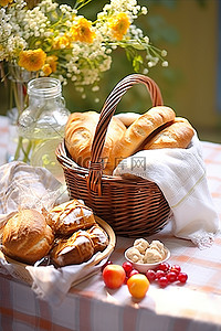 樱桃果汁背景图片_一篮子糕点百吉饼和苹果，绿色花瓶里有面包和果汁