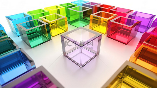 彩色透明立方体背景图片_充满活力的 3D 渲染彩色彩虹玻璃方形片在白色背景的中心对齐