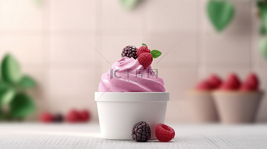 甜美背景图片_纸杯模型中粉色浆果冰淇淋的前视图，带有夏季主题横幅和复制空间 3D 渲染图像
