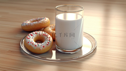 牛奶玻璃罐，里面有美味的甜甜圈 3D 食品概念艺术