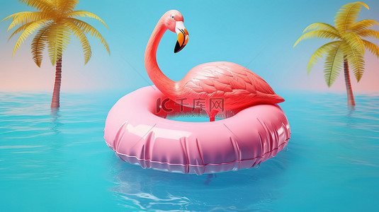 夏泳池背景图片_火烈鸟漂浮物和棕榈树的 3D 插图唤起了充满乐趣的暑假的精髓