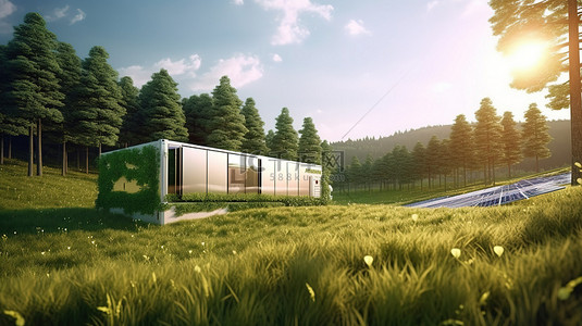太阳能集装箱单元放置在新鲜自然环境中的 3D 插图，前景为绿草，背景为森林