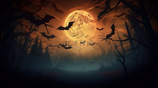 黑暗中的月亮背景图片_怪异的万圣节之夜，满月蝙蝠和鲜艳色彩的壮观 3D 插图