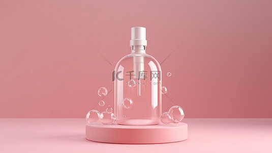 水滴瓶背景图片_护肤品瓶模型的 3D 渲染，底座上有粉红色背景的液滴瓶和管子