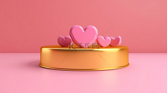 粉红色背景上闪闪发光的金心立柱，非常适合情人节和 3D 创建的婚礼