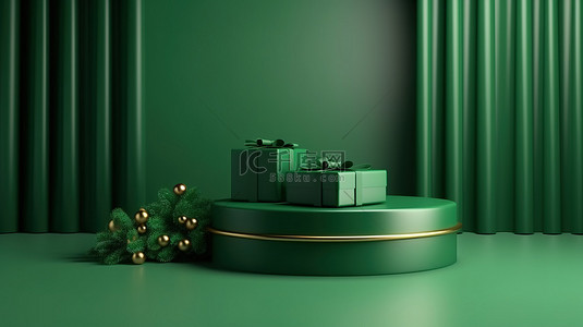 冬天绿色背景图片_圣诞销售横幅，配有绿色 3D 讲台空白舞台和产品展示底座