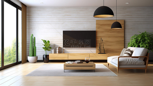 带木制电视柜的客厅的最佳 3D 渲染的简单性