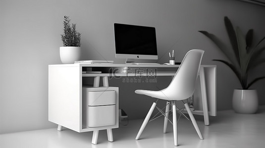 现代时尚电脑桌，配有台式电脑和特写 3D 渲染的白色座椅