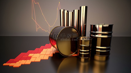金融红色背景图片_卡通风格 3d 渲染油桶燃油泵喷嘴和攀登红色图表描绘商品油股票价格上涨