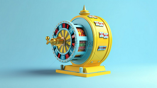 骰子背景图片_充满活力的 3D 老虎机和轮盘赌轮，浅蓝色背景，带有黄蓝色和白色口音