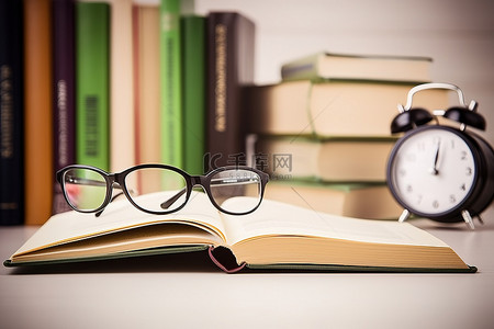 眼镜书书架和桌子上的时钟