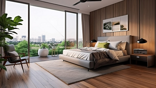 生活卧室背景图片_公寓或酒店内部的 3D 渲染，配有豪华卧室和阳台