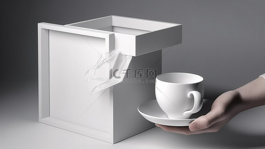 喝咖啡的女人背景图片_带白色物体的桃色盒子，3D 渲染，手持瓷杯和盘子