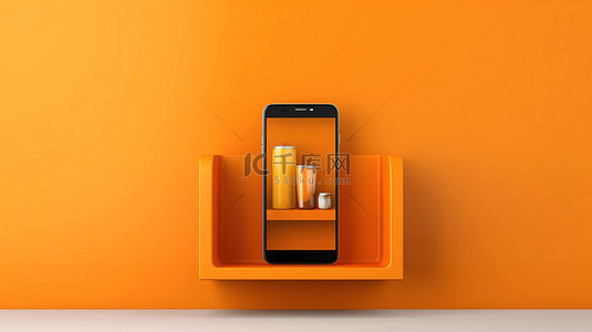 水平背景横幅的 3D 插图，橙色墙架上有手机