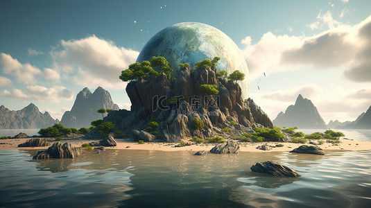 火焰喷发背景图片_迷人的绿色岛屿漂浮在炽热的星球上空，背景是碎片喷发
