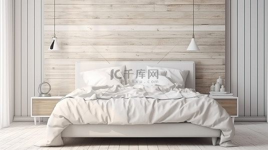 放松放松背景图片_白色木墙搭配奢华放松的3d床渲染图