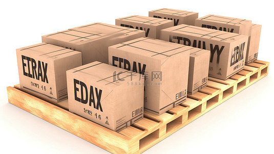 木箱子背景图片_在木托盘上出口货物纸板箱，在白色背景 3D 渲染上带有出口符号